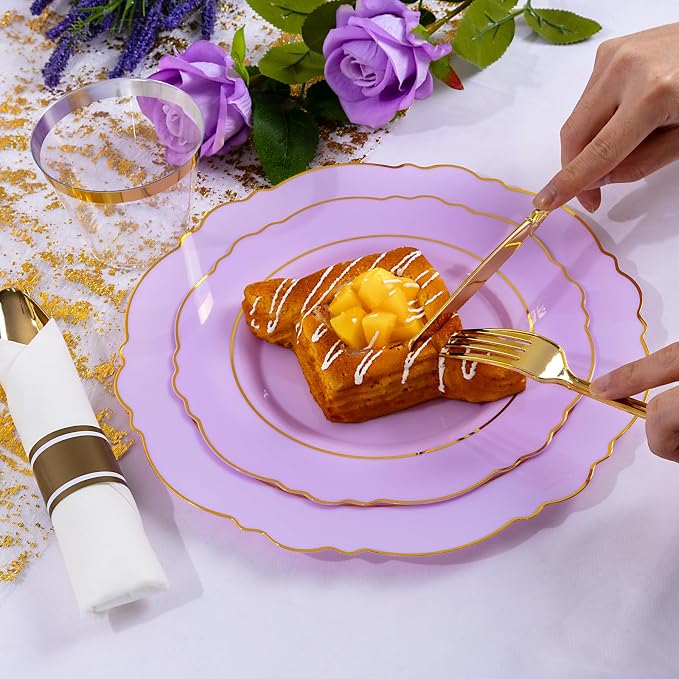 Liacere 350PCS Purple Plastic Plates - Disposable Lavender Plates 50guest Plastic Dinnerware include 100Light purple Plates,50Pack Pre Rolled Napkins Silverware 50Cups for Wedding & Party