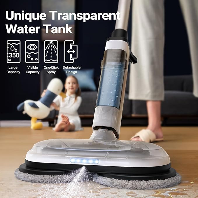 iDOO Electric Cordless Spin Dust Mop, Electric Mops for Floor Hardwood Tile Cleaning with Sprayer & LED Headlight, Rechargeable Dual-Motor, Quiet Self Propelled, Water Tank 4 Replaceable Heads, White
