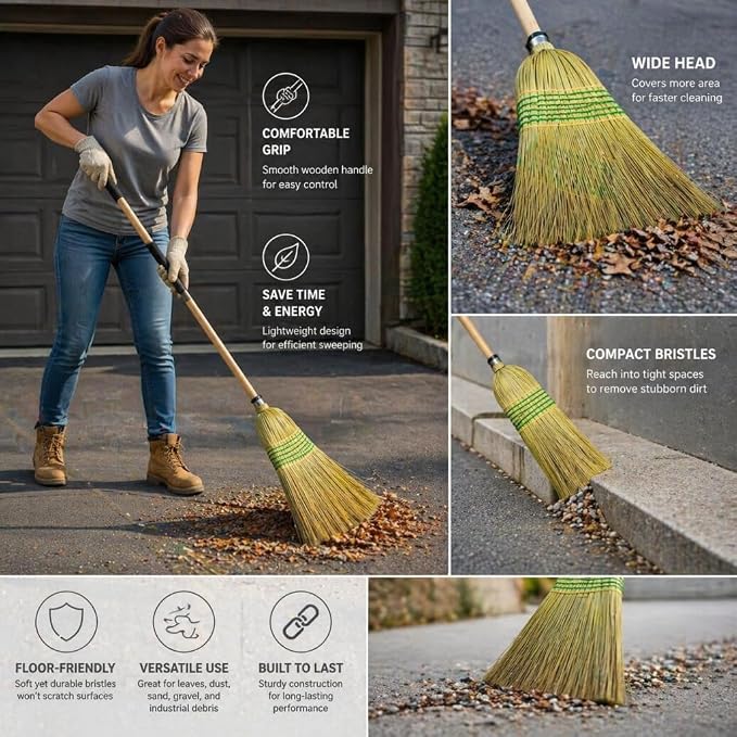 Straw Broom,Handmade Corn Broom Made from Natural Corn stalks, Outdoor Broom Equipped Wooden Handle. Natural Broom Reinforced