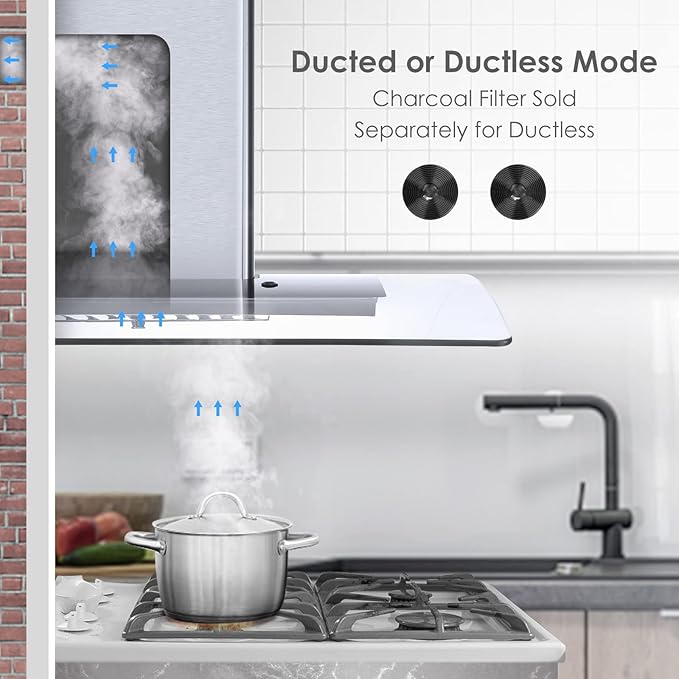 Range Hood 30 Inch, Tieasy Wall Mount Kitchen Hood with Ducted/Ductless Convertible Duct, Stainless Steel Chimney and Aluminum Filters, LED Lights, 3 Speed Fan, Push Button