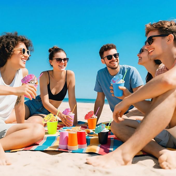 150 Pcs Colorful Disposable Paper Slushie Cups with Spoon Straws and Cocktail Drink Umbrellas, Hot Cold Food Paper Cups for Summer Hawaiian Pool Party, Sundae Ice Cream Party Supplies