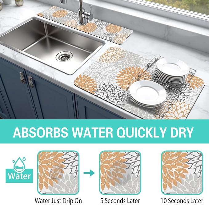 Dish Drying Mat for Kitchen Counter Matt, 2PCS 19"x12" Dish Drainer Mat & 24"x5.5" Sink Splash Guard, Super Absorbent Non-slip Rubber Backed