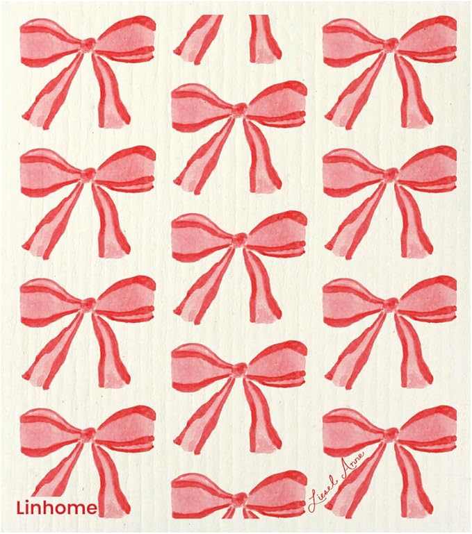 Holiday Swedish Dishcloth, Reusable Paper Towel, Super Absorbent Cellulose Sponge, Washable Kitchen Cleaning Cloth (Red Ribbons - Christmas & Valentine’s - 1 Pack)