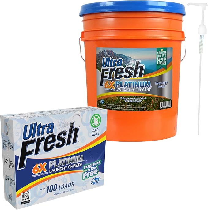 Ultra Fresh 6X Platinum 5 Gal Laundry Detergent, Mountain Fresh Bundled with Platinum 6X Laundry Detergent Sheets with Fragrance and Dye Free