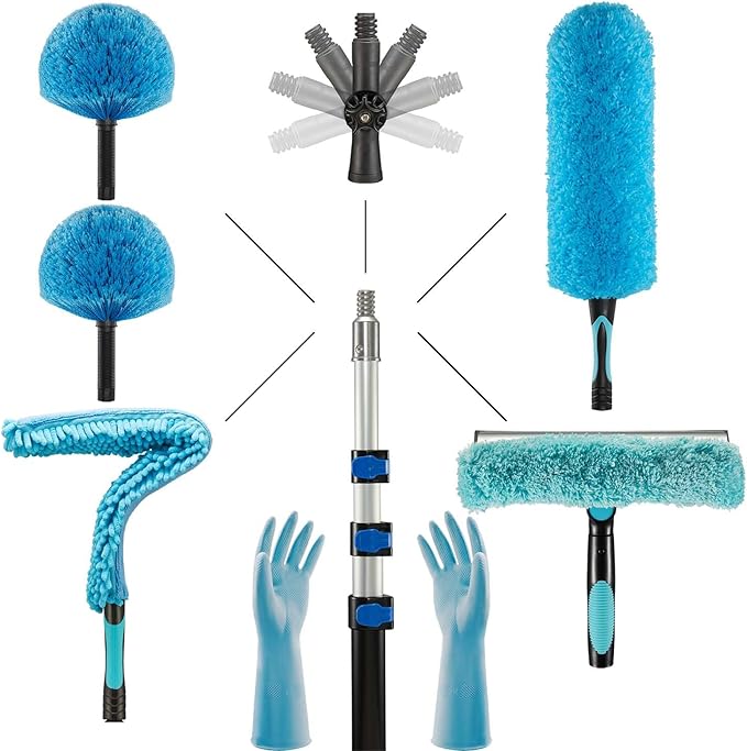 25 Foot Fan Cleaner High Ceiling 2 Cobweb Dusters with Heavy Duty Extension Pole, Window Squeegee Kit, Household Cleaning Gloves(18ft)