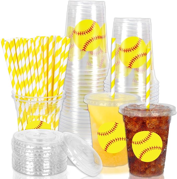 Whaline 50Pcs 12Oz Softball Disposable Plastic Cups with Lids and Straws Cute Softball Cold Beverage Drinking Cups for Sports Theme Birthday Party Supplies