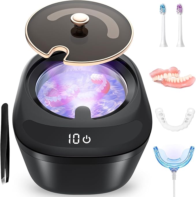 Ultrasonic Retainer Cleaner Machine - Raccomb 45kHz LED Light Ultrasonic Cleaner for Dentures, Aligner, Mouth Guard, Night Guard Cleaner, 230mL Sonic Cleaning Machine for Jewelry, Dental Appliances