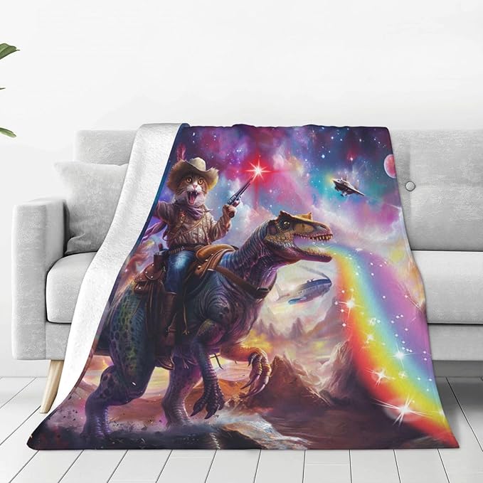 Funny Cat Dinosaur Blanket Galaxy Space Rainbow Decor Throw Blanket Cozy Plush Flannel Fleece Warm Soft Lightweight Fuzzy Blanket Funny Gifts for Boys Girls Teens Women for Bed Sofa Couch 60"X80"