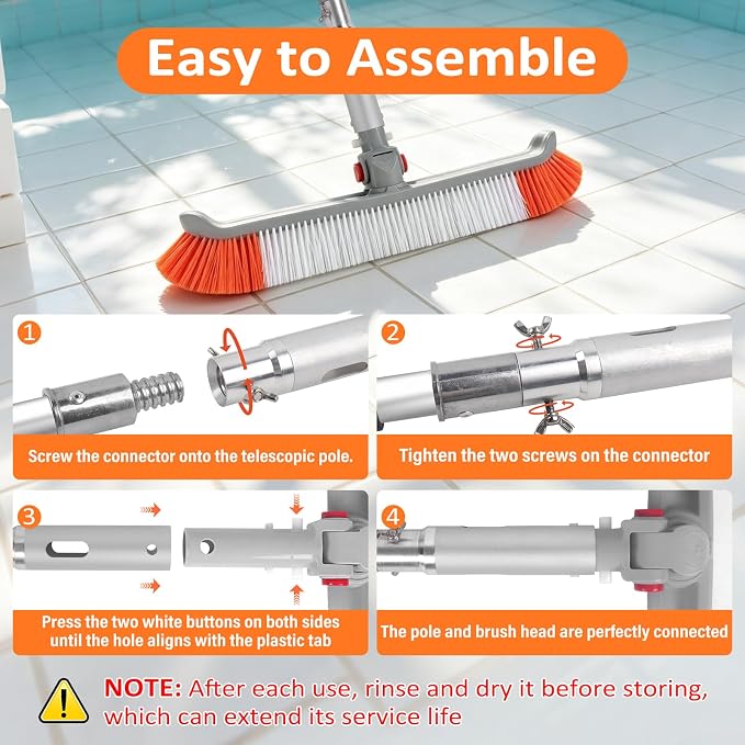16FT Pool Brush with Pole, 19" Heavy Duty Swimming Pool Brush with 4-16FT Aluminum Telescopic Pole, Pool Scrubber Brush Head with Universal Adapter for Cleaning Pool Walls, Corners, Floors