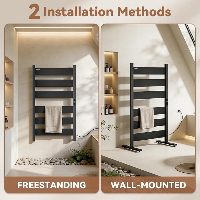 Towel Warmers for Bathroom, WiFi Freestanding & Wall Mounted Electric Heated Towel Rack, 6 Flat Bars, Aluminum, Timer & Temperature Control, Large Heating Surface, Black