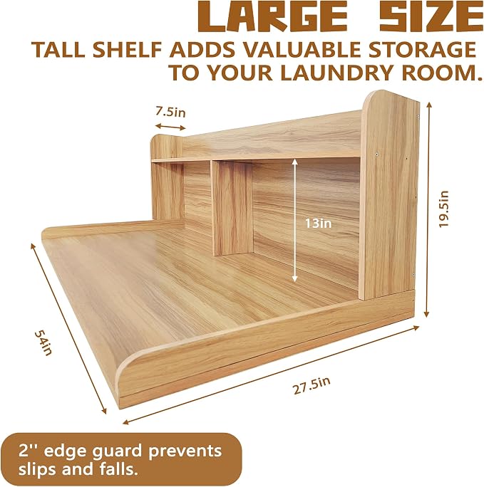 Royxen Washer Dryer Countertop with Extra Tall Shelf, 19" Height Washer and Dryer Topper, Laundry Countertop with Non-Slip Pads, Universal Fit for Laundry Room Organization, Oak