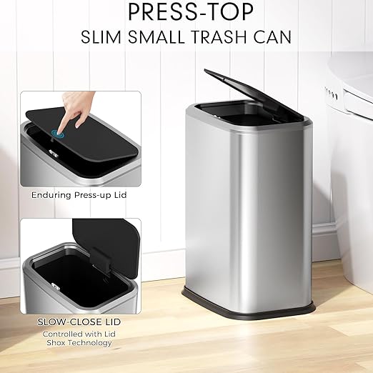 Bathroom Trash Can with Lid, 8L/2.1 Gallon Silver Trash Can Small Garbage Can with Press Top Lid Slim Stainless Steel Garbage Can with 100 Counts Trash Bags for Bathroom Bedroom Kitchen Office Toilet