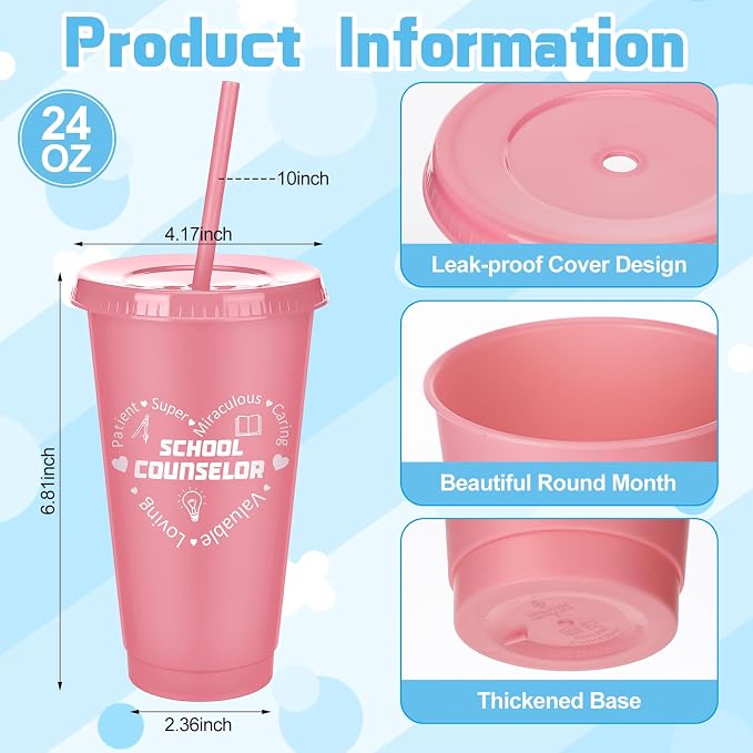 Meanplan 24 Pcs School Counselor Gifts Bulk 24 oz Plastic Tumbler with Lids and Straws Thank You Cups Travel Mugs Inspirational School Teacher Appreciation Week Gifts for Women Men