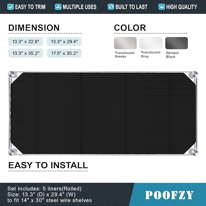 Poofzy Wire Shelf Liner 16" X 36", Non-Adhesive Plastic Shelf Liners for Wire Shelving, Waterproof Protector Mats (5PK, Black)