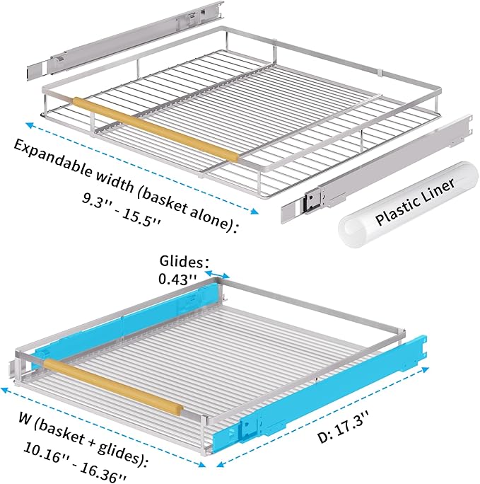Expandable Pull Out Drawer Cabinet Organizer, Adjustable Width Bottom-Mounted Slide Out Storage Shelves for Cabinets, Required Cabinet Size (W: 20.86"~37.86", D≥22.5"), 2 Pack