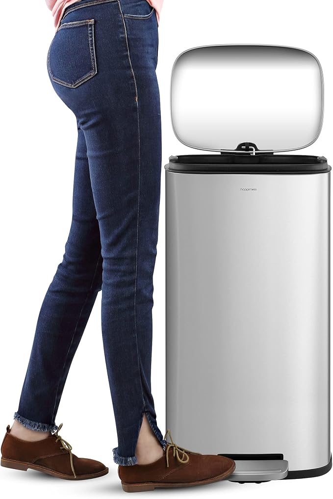 happimess HPM1011A Curtis 8-Gallon Step-Open Trash Can with Soft-Close Lid, Modern, Minimalistic, Fingerprint Proof for Home, Kitchen, Laundry Room, Office, Bedroom, Bathroom, Chrome