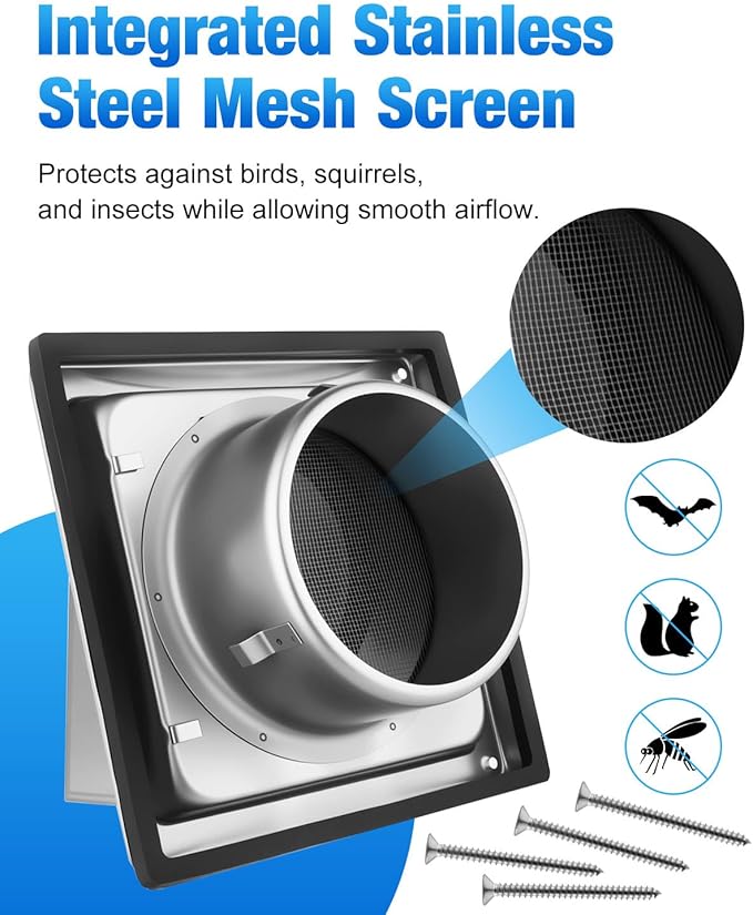 4" Dryer Vent Cover Outside with Stainless Steel Guard Metal Dryer Exhaust Vent Cap and Detachable Extended Pipe Vent Hood, Non-Return Flap with Sealing Gasket Grille, Easy Install