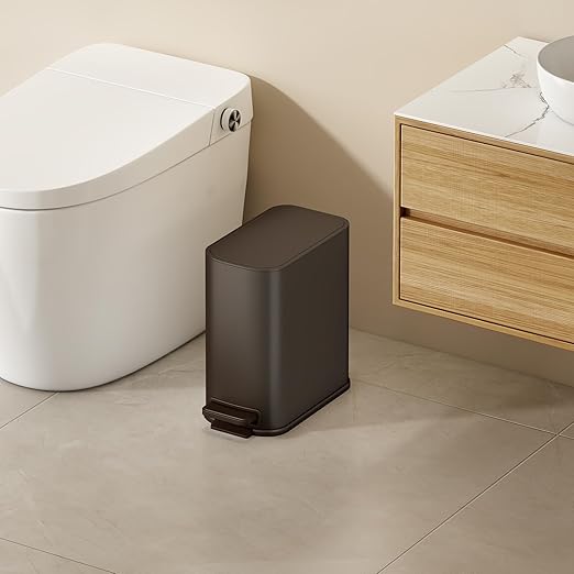 TIPGO Small Bathroom Trash Can with Lid Soft Close, Step Pedal, 1.3 Gallon / 5 Liter Stainless Steel Slim Garbage Can for Office, Diaper Waste Basket with Removable Inner Bucket (Brown)