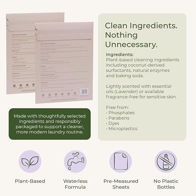 Travel Laundry Detergent Sheets – 10 Pre-Measured Loads, Dissolves Completely – Plastic-Free, Biodegradable Formula – Machine-Ready, Compact, TSA Carry-On Friendly – Lavender