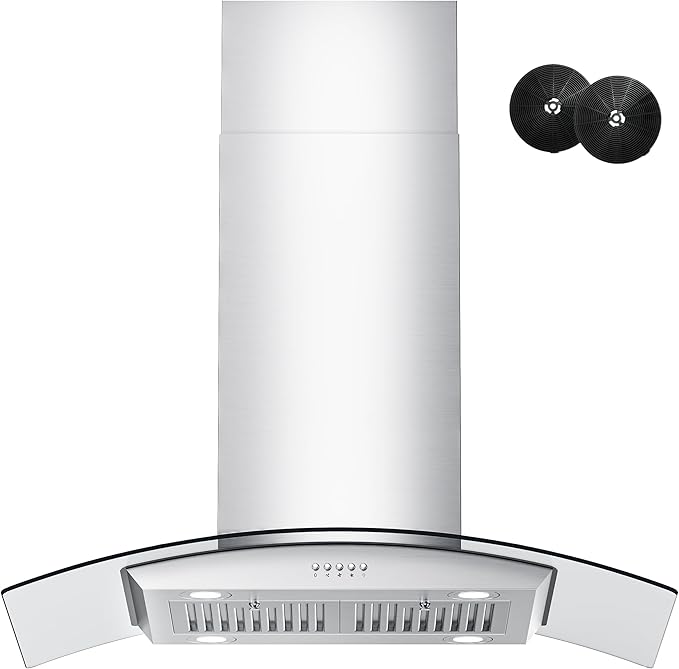 FIREGAS Island Range Hood 36 inch, 700 CFM Ceiling Mount Kitchen Vent Hood Ducted/Ductless Convertible,3 Speed Fan，4 Lights,Permanent Baffle Filters Stainless Steel Stove Hood