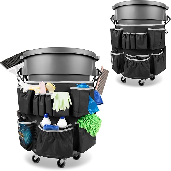 HODRANT Trash Can Caddy Bag Fit 32-55 Gallon Garbage Bin, Cleaning Caddy Bag with Adjustable Buckle for Industrial Trash Can, 13 Pockets Cleaning Tool Organizer for Cleaning Supplies, Gray Edge