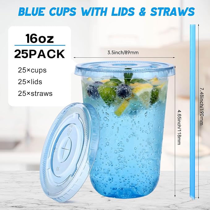 Ziliny 25 Sets Clear Round Bottom Plastic Cups with Lids and Straws, Cute Disposable Drinking Coffee Cups, for Christmas Valentine's Galentine's Day Party Wedding Birthday Supplies (16oz,Blue)