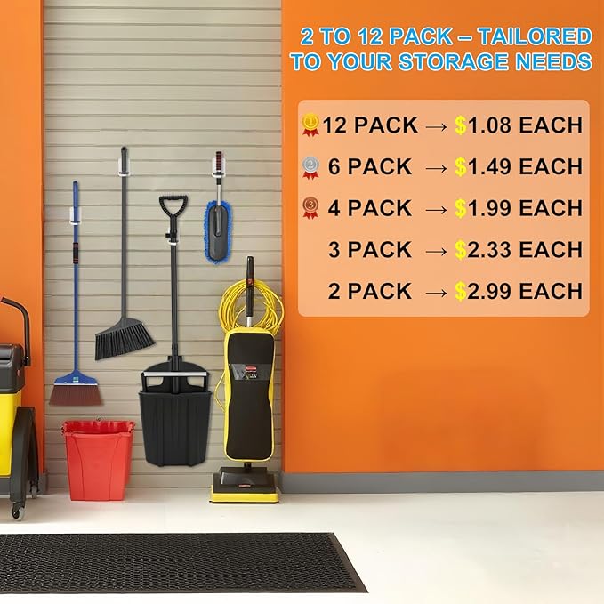 12Pack Broom Holder Wall Mount, Damage Free Hanging Wall Mount Broom and Mop Holder, Household Cleaning Organizer for Organization and Storage, Holds up to 6 lb