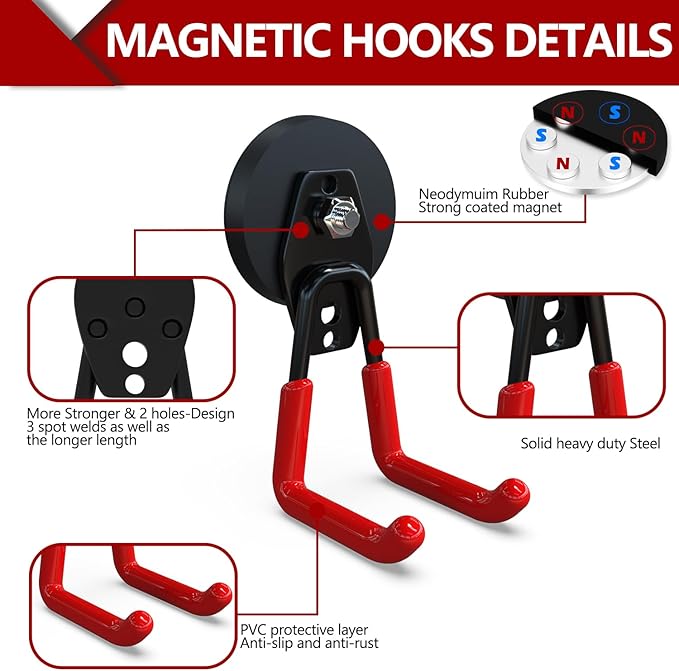 3-H Extra Strong Magnetic Hooks,Heavy Duty Large Anti-Slip Magnet Hooks,No-Drill Tool Holder for Garage,Power Drill,Garden Tools,Hose Storage,2 Pack Red