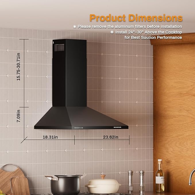 24 Inch Wall Mount Range Hood Ducted/Ductless Convertible Kitchen Exhaust Hood with 450 CFM Motor, 3 Speed Fan, LED Lighting and Dishwasher Safe Filters, Matte Black Painted Finish