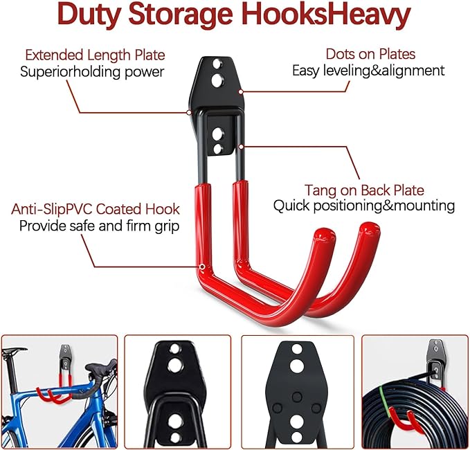 3-H Garage Wall Hooks 10 Pack,Garage Hooks Heavy Duty,Garage Storage Hooks for Hanging and Organizing Garden,Lawn,Yard Tools,Chairs,Ladders,Weed Eater,Shovel,Blower(Red)