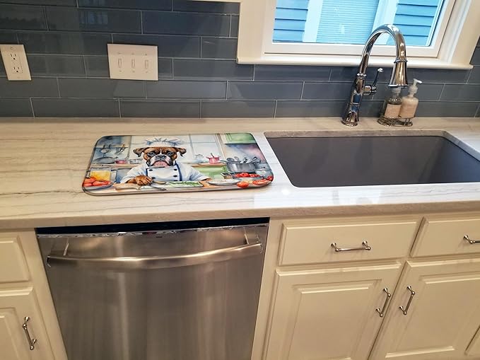 Caroline's Treasures DAC6219DDM Boxer The Chef Dish Drying Mat Absorbent Dish Drying Mat Pad for Kitchen Counter Dish Drainer Mat for Countertop, 14 x 21", Multicolor