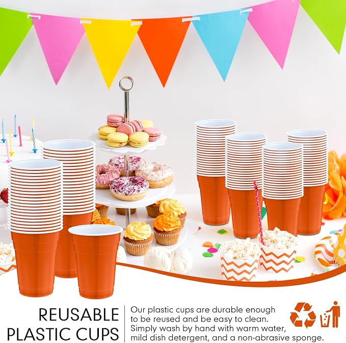 Mimorou Orange 200 Pack Plastic Cups 16 oz Disposable Cups for Party Wedding Halloween Stackable Beverage Drinking Tumbler Heavy Duty for BBQ Birthday Baby Shower
