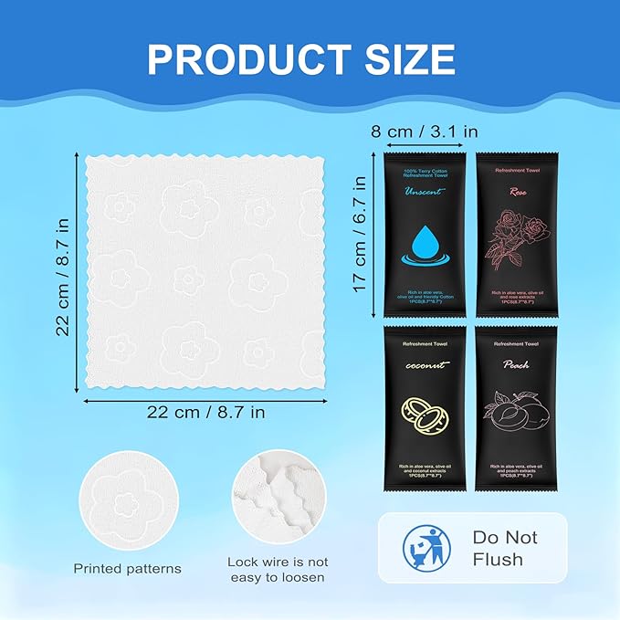 Moist Cotton Towel Bulk Moist Towelettes Individually Wrapped 8.7"x 8.7",White Towel Services,Refreshment Pre Moistened Towels Peach,Rose,Coconut and Unscented for Sport Party Spa(pack of 40)