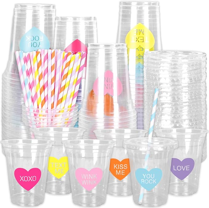 Whaline 60 Sets Valentine's Day Disposable Plastic Cups with Lids and Straws 12oz Conversation Heart Theme Party Cups Candy Heart Beverage Drinking Cup for Anniversary Wedding Birthday Dinner