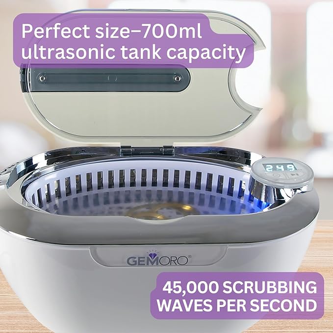 GemOro LUXESPA | Personal Ultrasonic Jewelry & Eyeglass Cleaner with 5 User-Programmable Timed Cleaning Cycles | Professional Performance Machine for Rings Watches Glasses Earrings Retainers