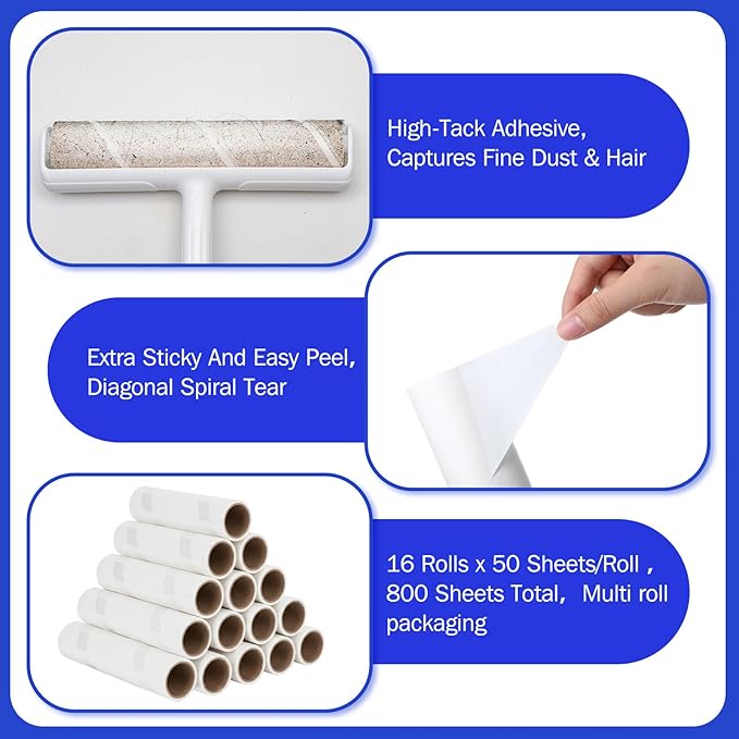 16 Pack Large Lint Roller Refills 10 Inch Wide Extra Sticky 800 Sheets Pet Hair Remover Replacement Rolls Compatible with Mega Rollers, Furniture Floor Household Cleaning