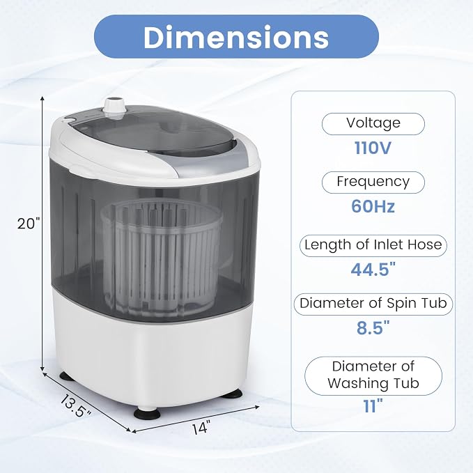 Mini Portable Washing Machine, 5.5 LBS Capacity Washer Machine and Spinner Combo with Spin Tub & Drain Hose, Small Semi-automatic Portable Washer for Apartment Dorm RV (Grey)