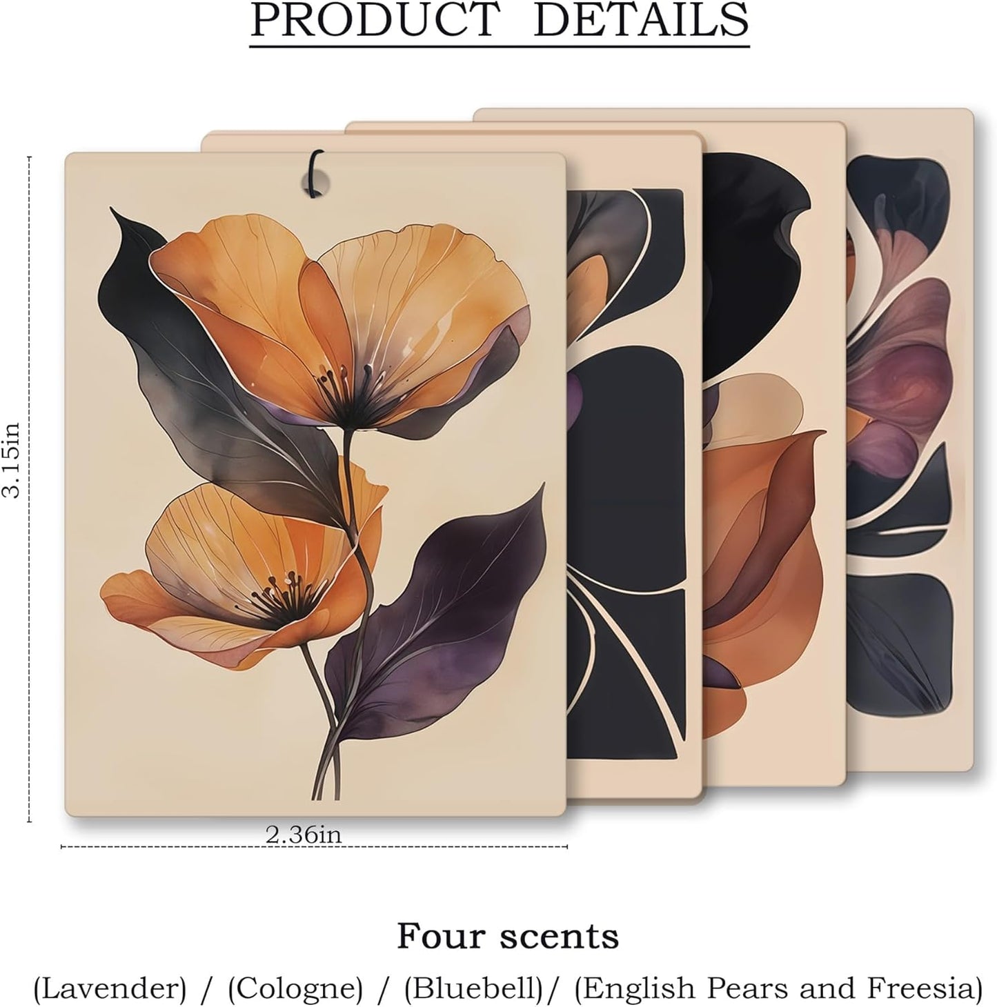 Boho Abstract Floral Car Air Freshener 4 Pcs, Retro Orange and Black Flower Hanging Scents Air Freshener for Women Girls Gifts, Vintage Scented Car Accessories Decor for Room Closet Drawer