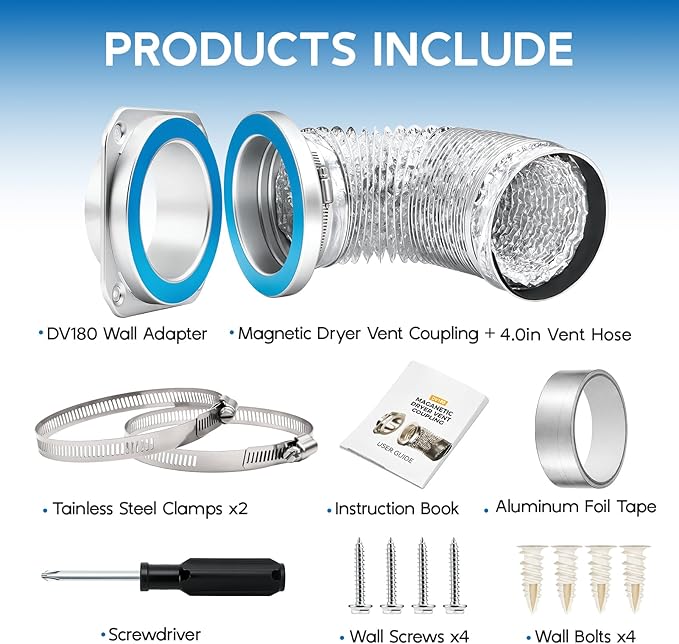 DV180 Magnetic Dryer Vent Coupling Connector Kit, Quick Connection, Airtight Seal, Easy to Clean, Universal Compatibility with Standard 4" Dryer Vent Systems, Includes 2.6ft Hose, 2 Clamps & Foil Tape
