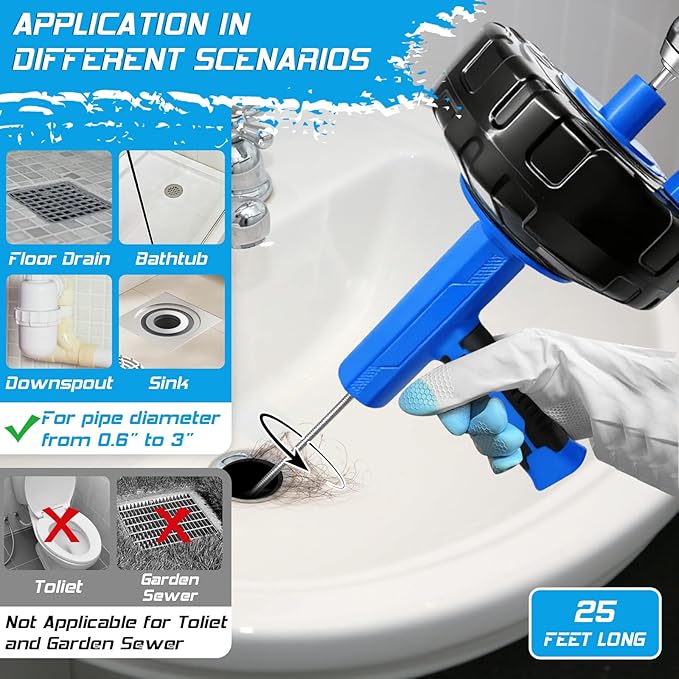 25FT Drain Snake, Auto Feed Retract Flexible Drain Auger for Drain Clogged, Manual or Drill Powered Plumbing Snake Hair Clog Remover for BathTub Sink Shower (Blue)