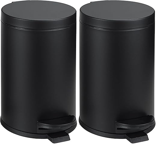 SunnyPoint 4.5 Liter(1.2 Gallon) Small Round Trash Can with Plastic Inner Bucket; Bathroom, Office, Kitchen and Bedroom Step On and Slow Close (BLK) (Pack of 2)