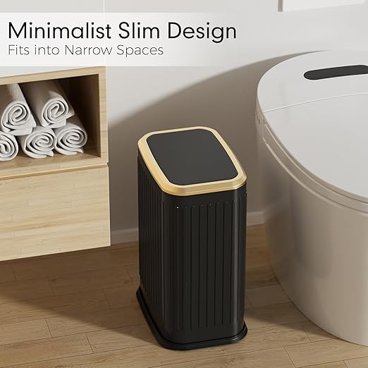 Bathroom Trash Can with Lid 8L/2.1 Gallon Black Trash Can Small Garbage Can with Swing Top Lid Slim Stainless Steel Garbage Can with 100 Counts Trash Bags for Bathroom Bedroom Kitchen Office Toilet
