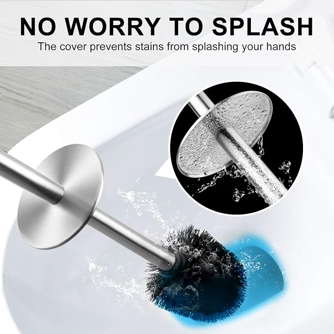 Toilet Brush and Holder, 2 Pack Toilet Brush with 304 Stainless Steel Long Handle, Toilet Bowl Brush for Bathroom Toilet-Ergonomic, Elegant,Durable (Silver)