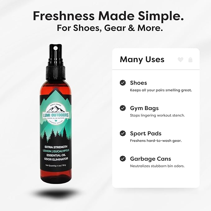Lumi Outdoors Natural Shoe Deodorizer Spray (700+ Sprays) - Extra Strength Shoe Odor Eliminator for Smelly Shoes & Foot Odor - Replaces Shoe Balls & Inserts - Lemon Eucalyptus