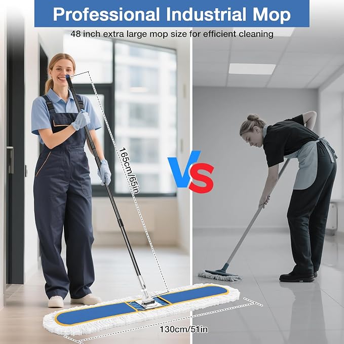 CLDREAM 48" Large Commercial Industrial Dust Mop for Floor Cleaning | 2 Washable Cotton Mops Pads/Wet Dry Floor Duster Broom for Hardwood Floors Marble Laminate Tile Concrete Garage/Blue