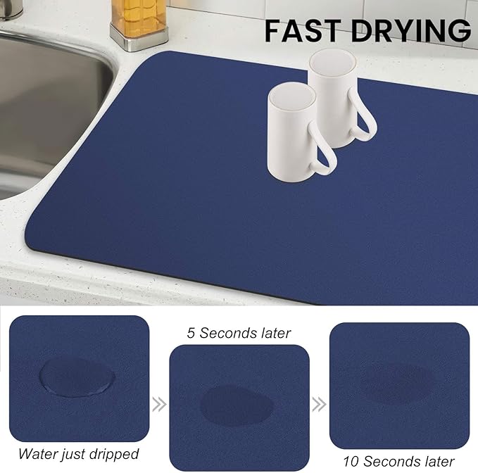 WISELIFE Dish Drying Mat Super Absorbent Drying Mat Large Dish Drying Mats for Kitchen Counter Easy Clean Dish Mat Kitchen Drying Mat18"x 36" Classic Blue
