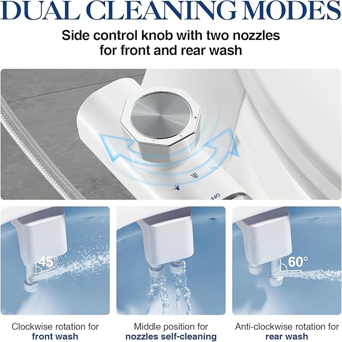 Non-Electric Bidet Attachment for Toilet Seat, Daul Clean Nozzles 3 Modes Adjustable Water Pressure Bidet Toilet Seat Attachment with Pressure Controls Feminine/Posterior Wash (TT17N)