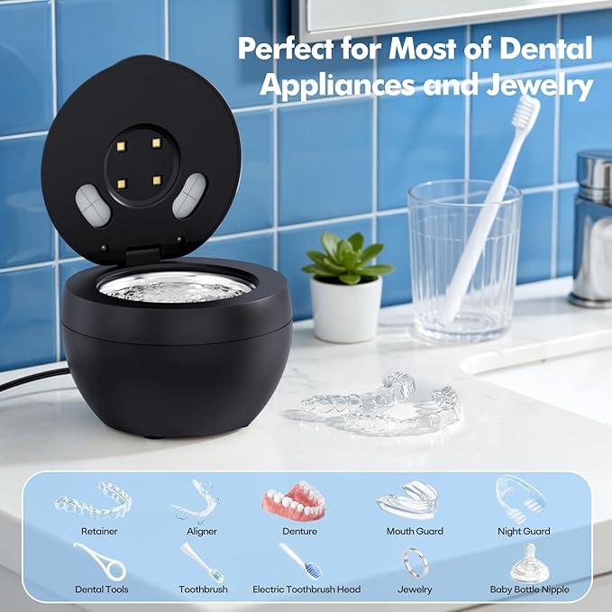 Upgraded Ultrasonic Retainer Cleaner Machine, 48kHz Ultrasonic Dentures Cleaner for Mouth Guards, Braces, Aligner, Toothbrush & Jewelry, 200ML Capacity, Black