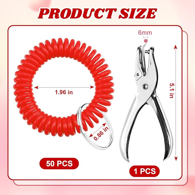 50 Pcs Red Stretchable Wristband for Shot Cups Wrist Coil Keychain with Hole Puncher Plastic Wristlet Keychain Kit for Shot Tasting Glasses Sports Game Party Supplies