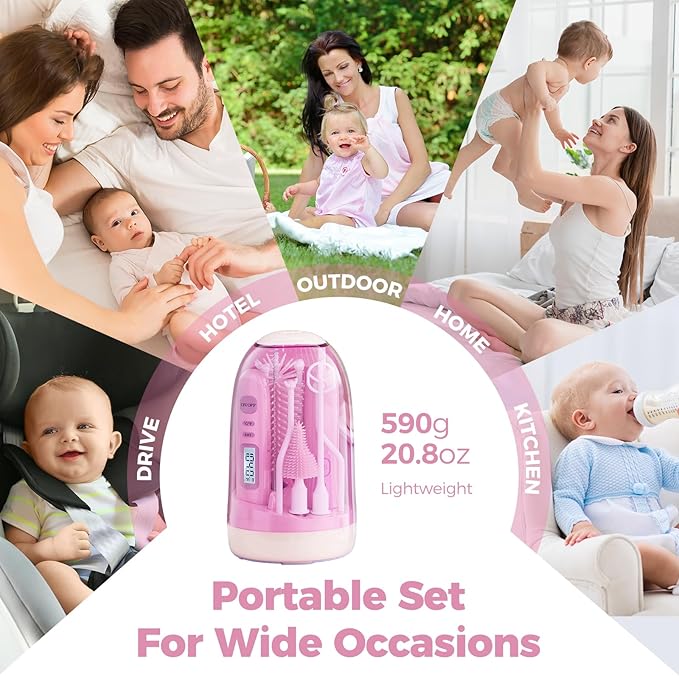 Electric Bottle Brush Cleaner,Rechargable Electric Baby Bottle Brush Cleaner with Thermometer,Silicone Bottle/Nipple/Straw Brush,Drying Rack,Travel Bottle Cleaner Kit for New Moms (Pink)